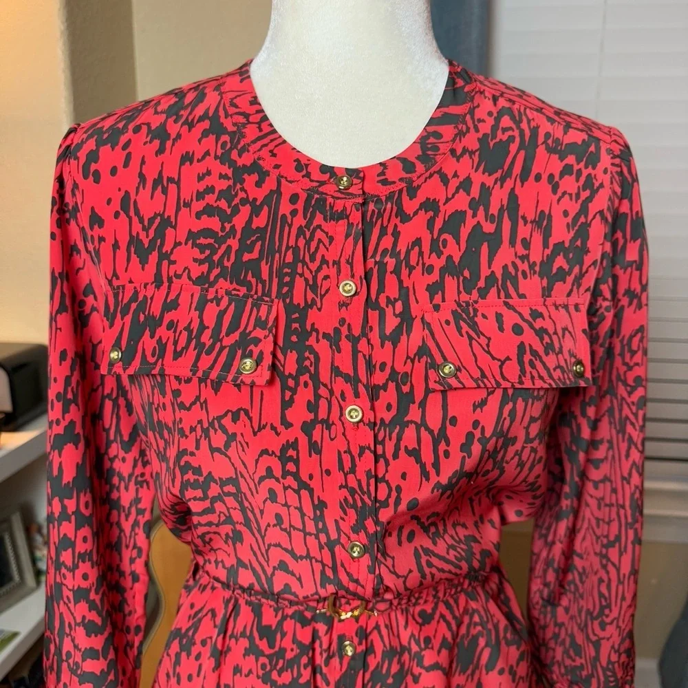 Yoana Baraschi Red and Black Patterned Shirtdress with Belt and Pockets Sz 0 - Picture 5 of 10